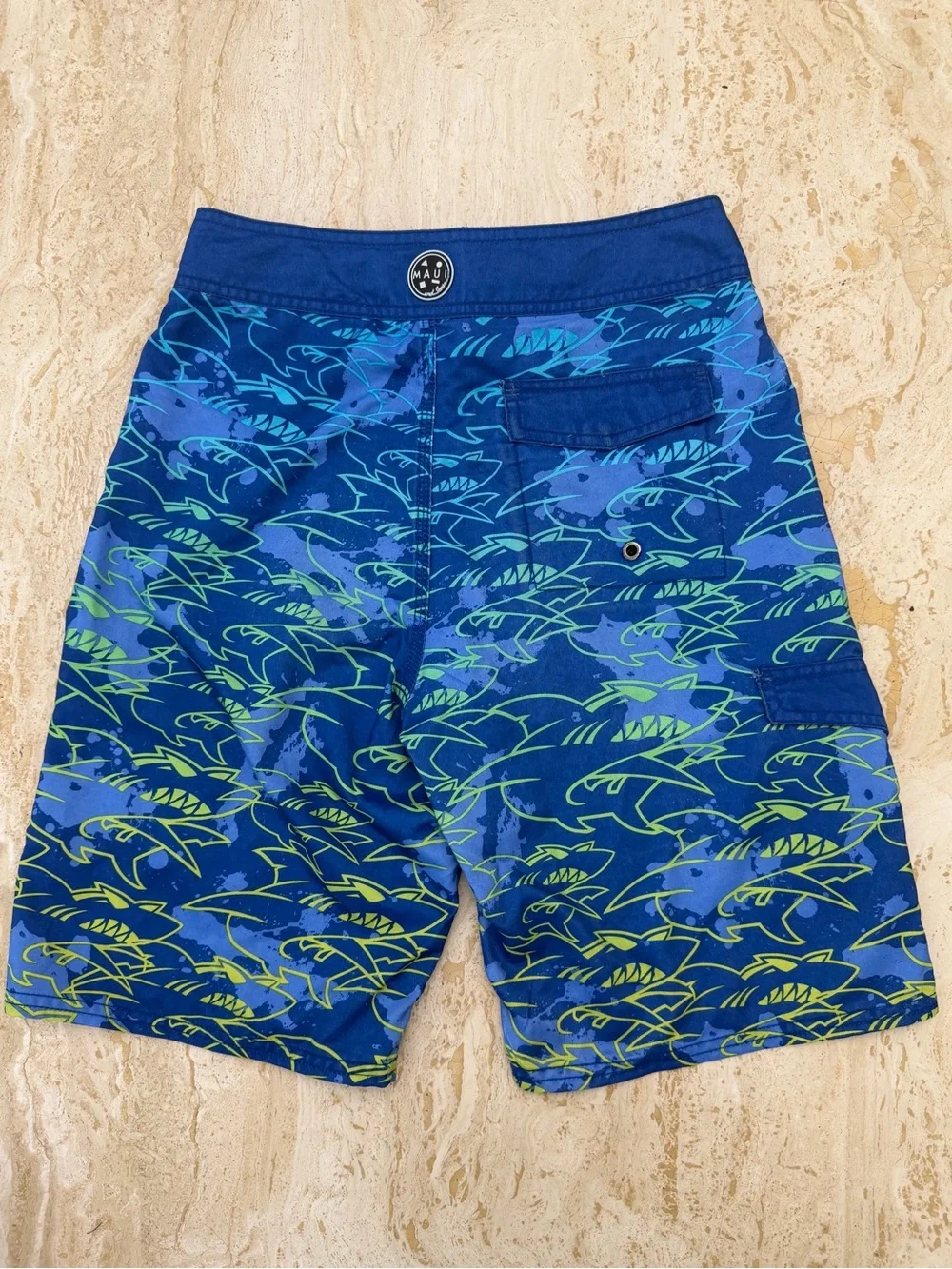 Maui and Sons Blue Shark-Print Boys size 14 Swim Trunks